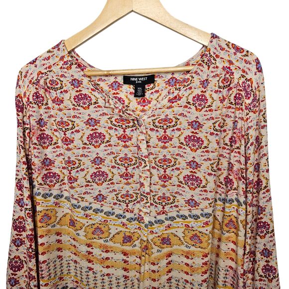 NINE WEST Womens Tunic Top XXL Multicolor Boho Popover Roll Tab Sleeves Hippie - Picture 2 of 7